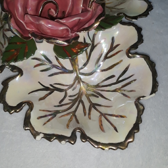 Irredecsint ceramic glazed rose candy/chip dish, unique handpainted vintage bowl - Picture 4 of 11